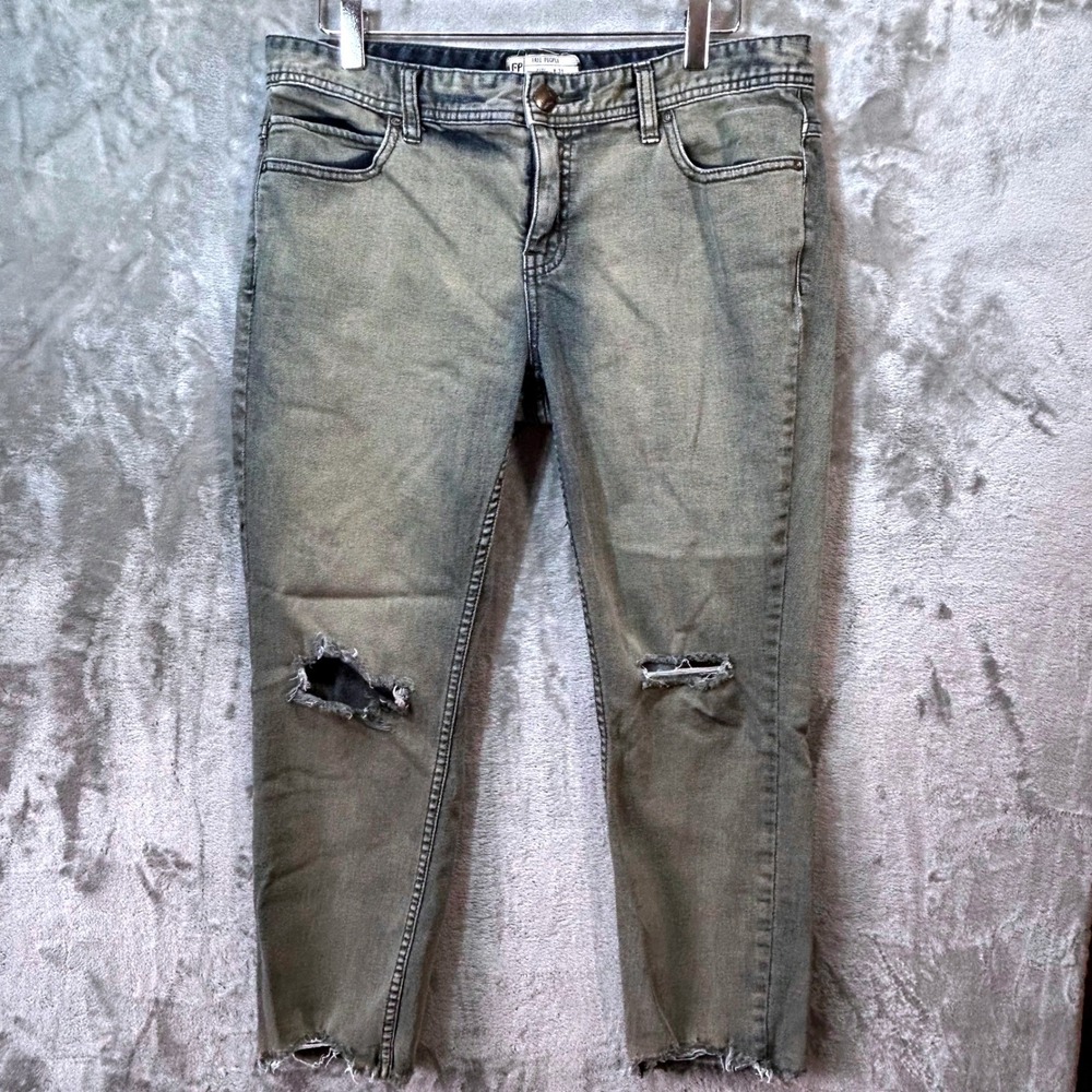 Free People Distressed Skinny Capri Jeans Gray Grey Acid Wash W31 Raw Hem Ripped